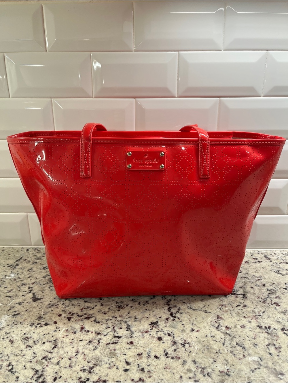 Kate Spade Patent Leather Red Heart Tote EUC
